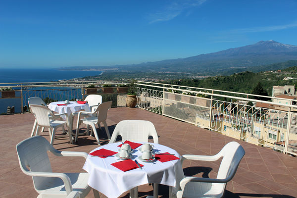 Restaurant on the terrace of the Hotel Mediterranee in Taormina Sicily 